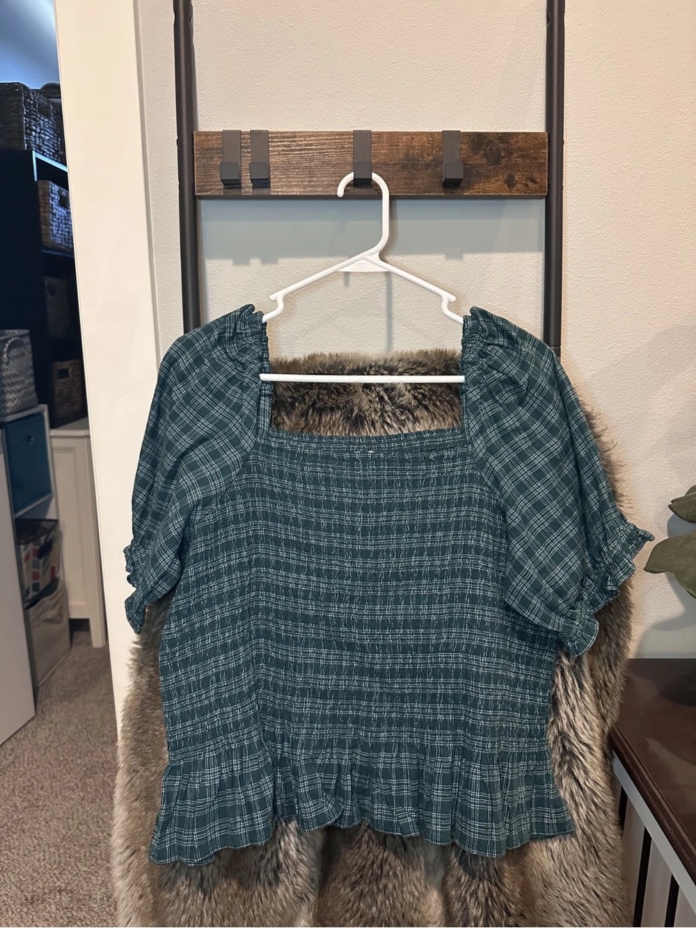 J. Crew Green Plaid Smocked Puff Sleeve Top with Square Neck